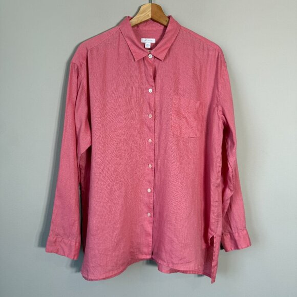 J. Jill Love Linen Long Sleeve Button Down Shirt Blouse Women's Medium Pink - Picture 4 of 12